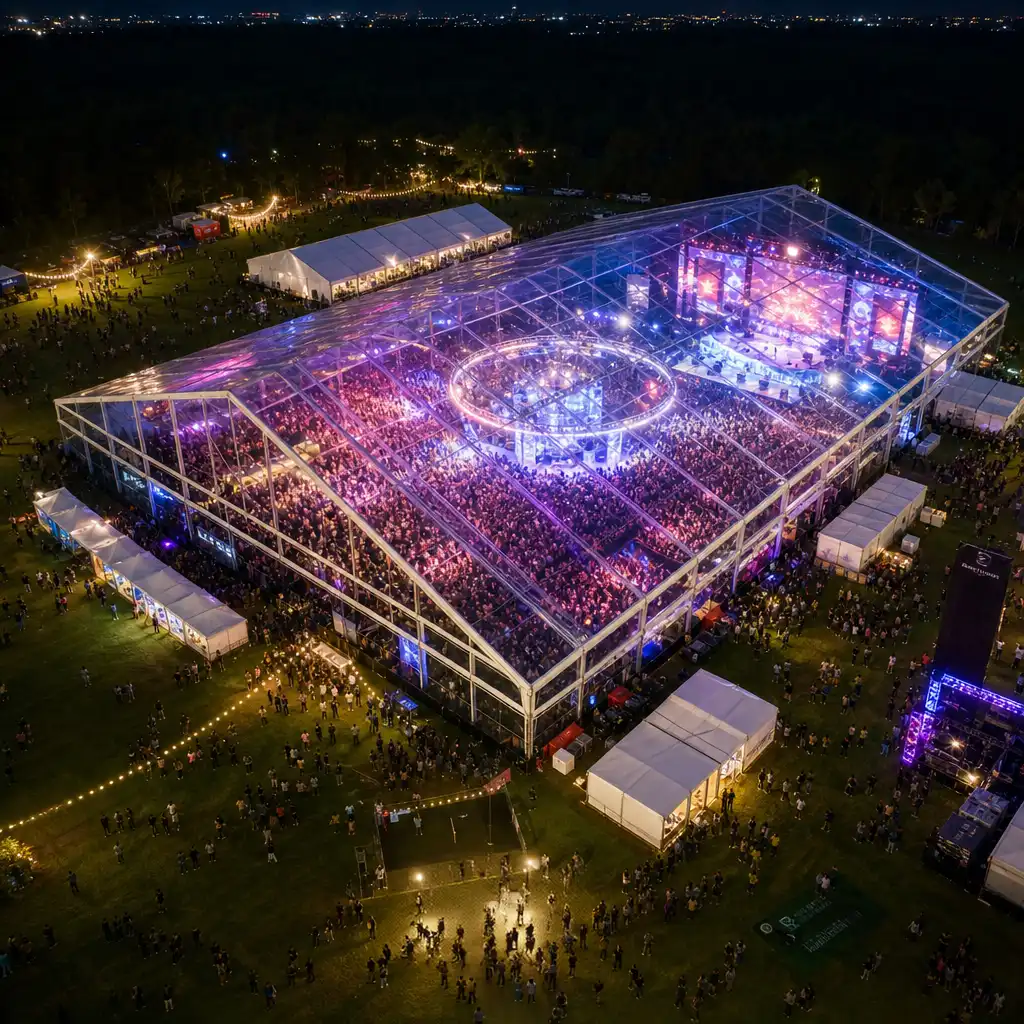 Aerial night view of a large aluminum frame event tent with a transparent roof.