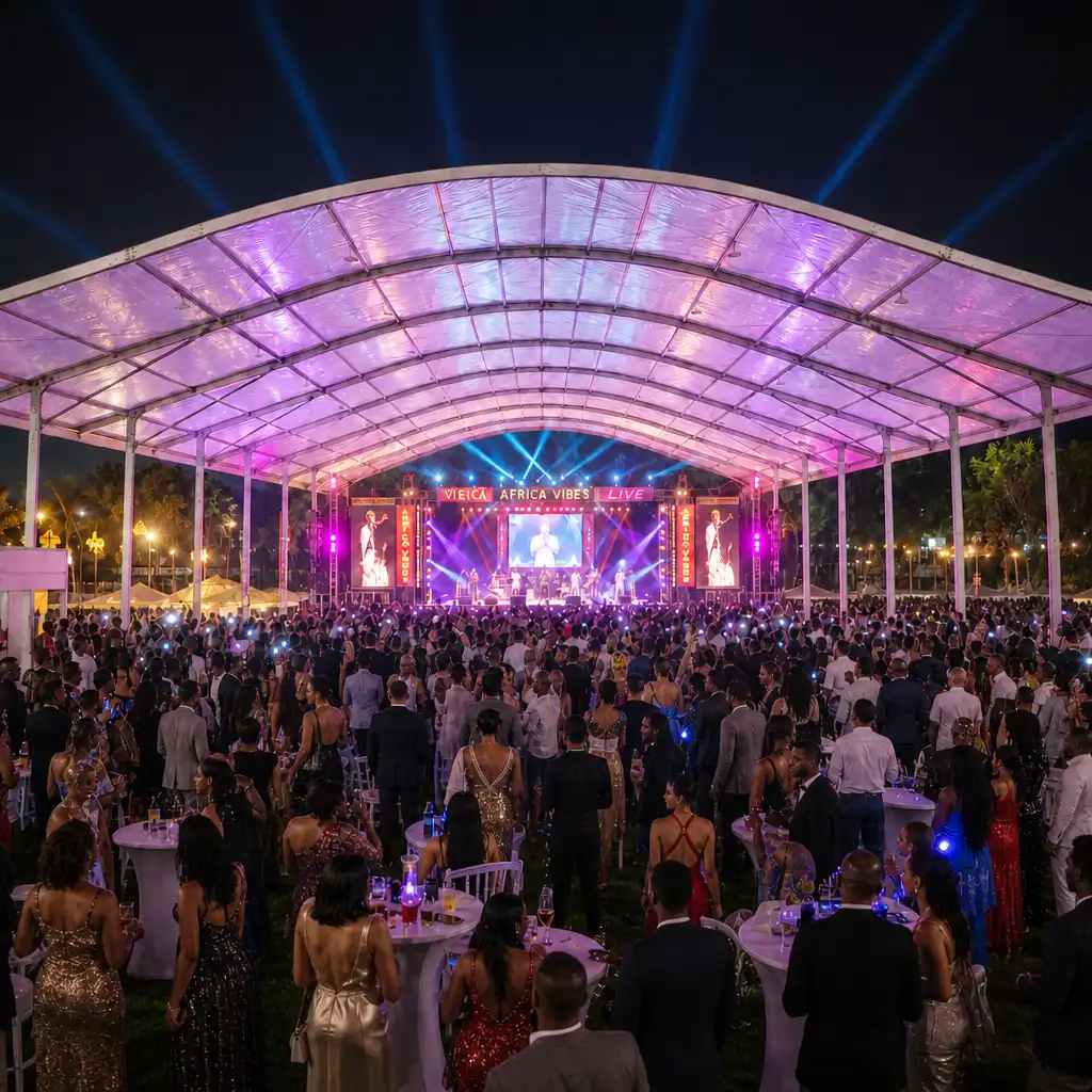 Open-sided curved roof aluminum tent sheltering an outdoor night concert.