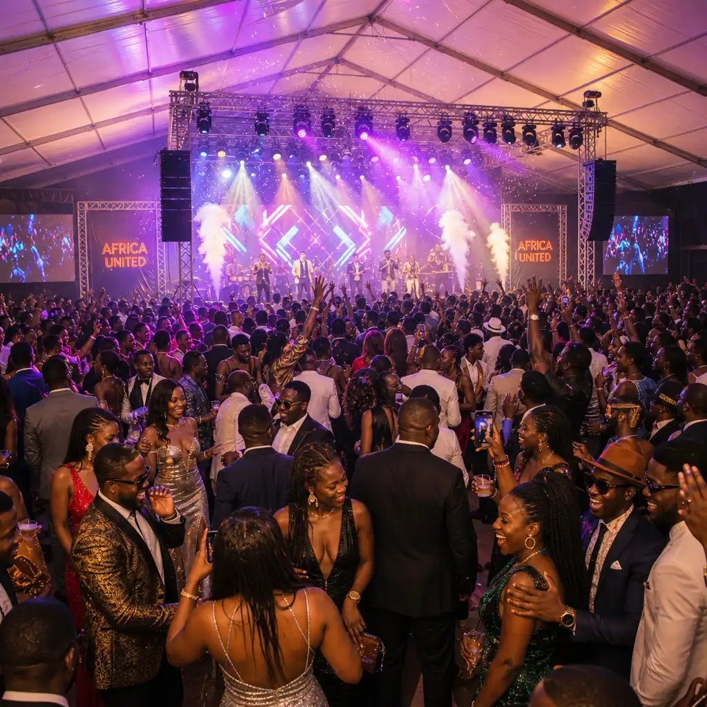 Live concert stage inside a heavy-duty aluminum structure tent with a crowd.