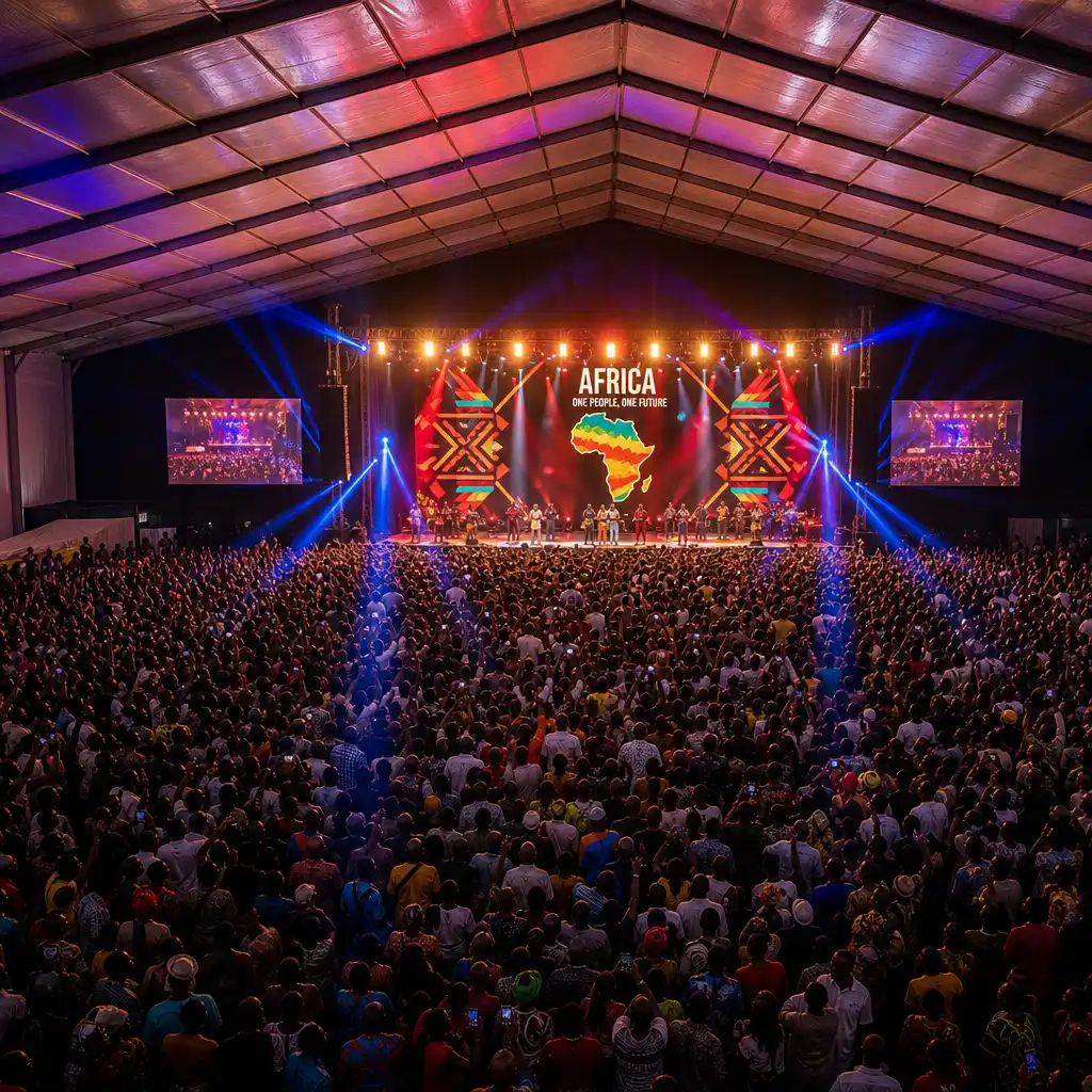 Massive clear span aluminum tent interior accommodating a huge festival crowd.