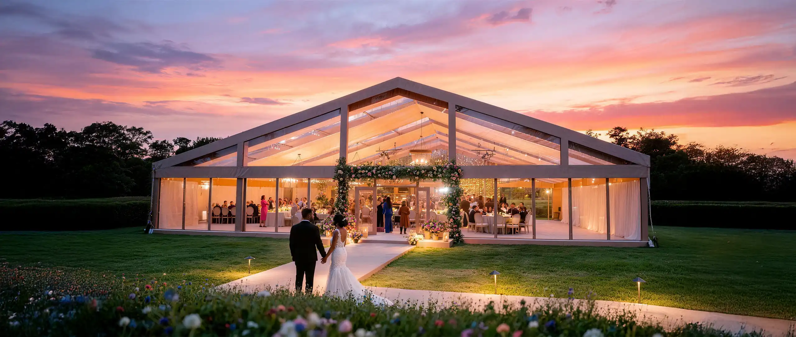 Clear roof aluminum clear span tent with glass walls hosting a luxury sunset wedding.