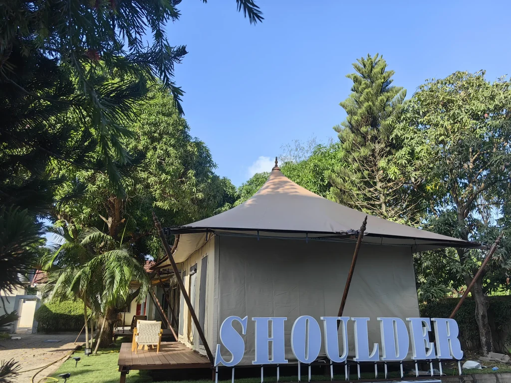 Shoulder Tent Africa office showroom featuring a semi-permanent aluminum safari structure.